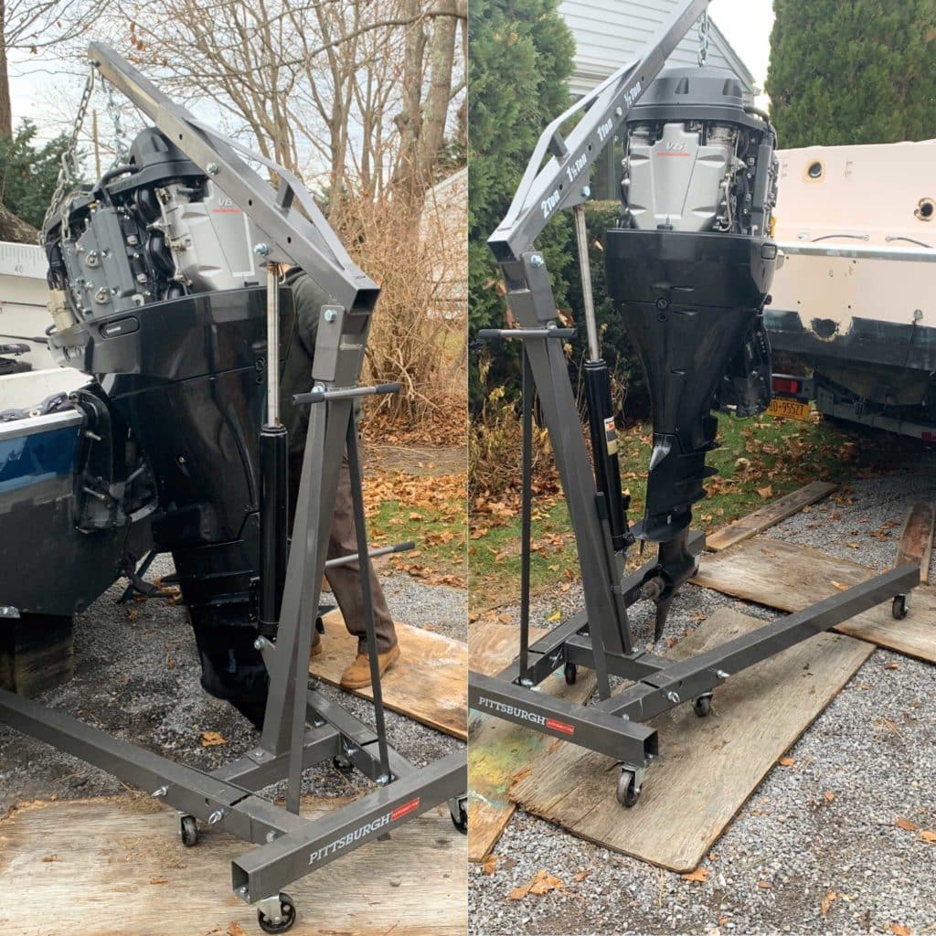 Outboard on engine hoist