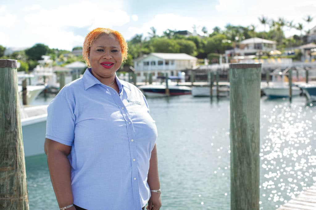 Lorria Whitfield on the docks at the Romora Bay Resort and Marina