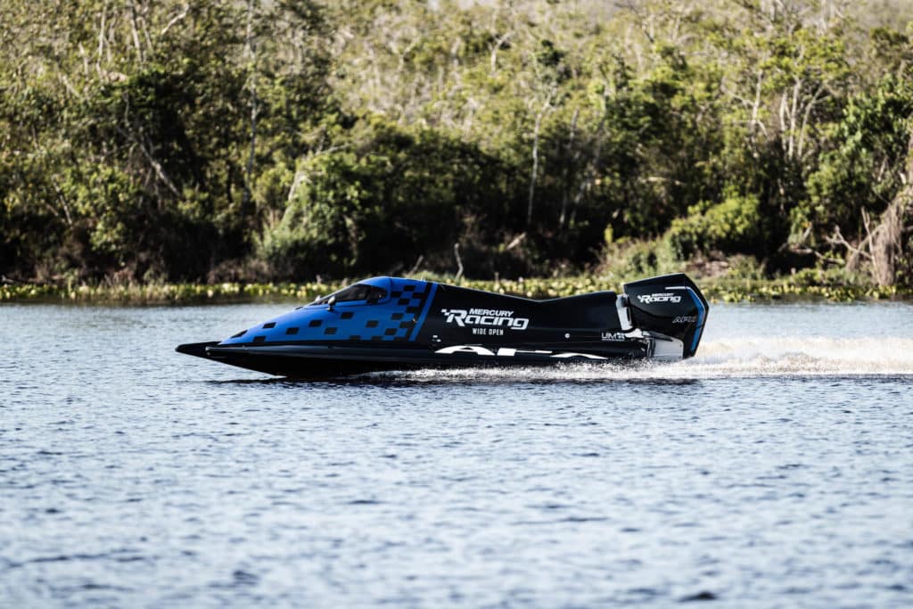 Mercury Racing speedboat running on a lake