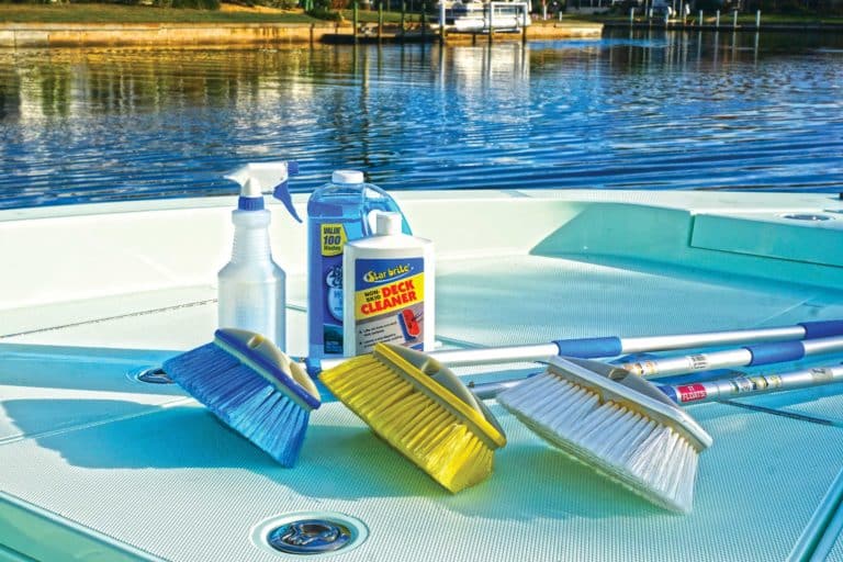 Boat washing supplies on the deck