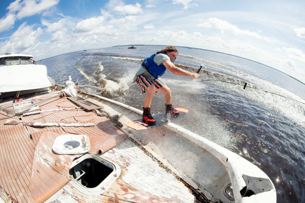 Board-slide on sunken river yacht