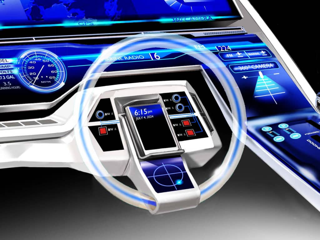 The steering wheel integrates a smartphone dock