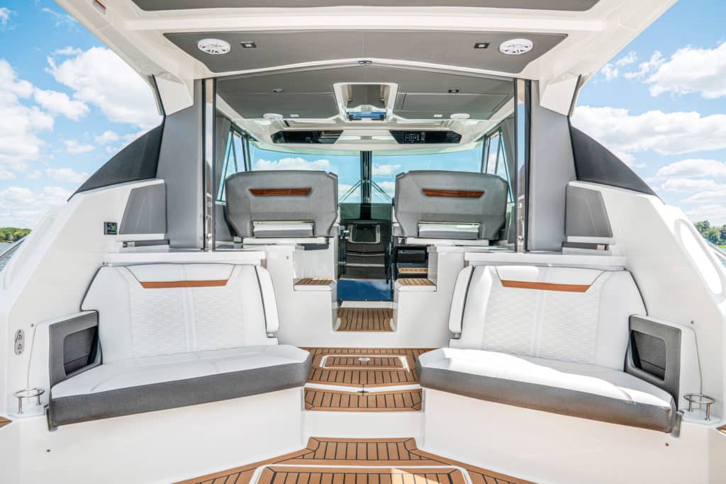 Tiara Sport 43 LE cockpit with doors open