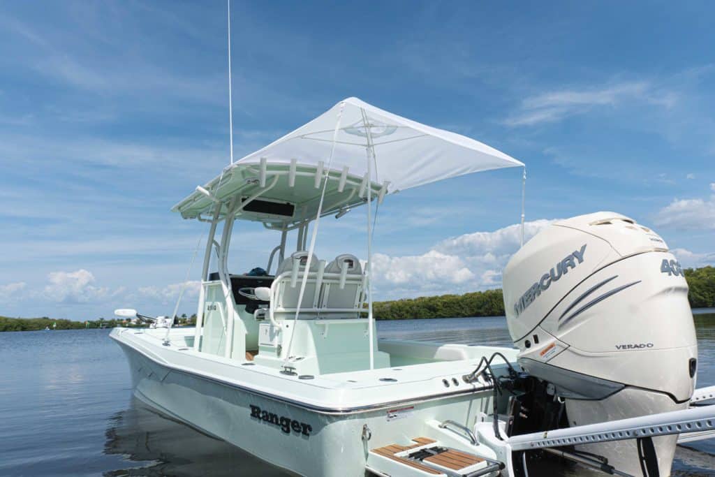 Stern cleats provide mounting points for the shade