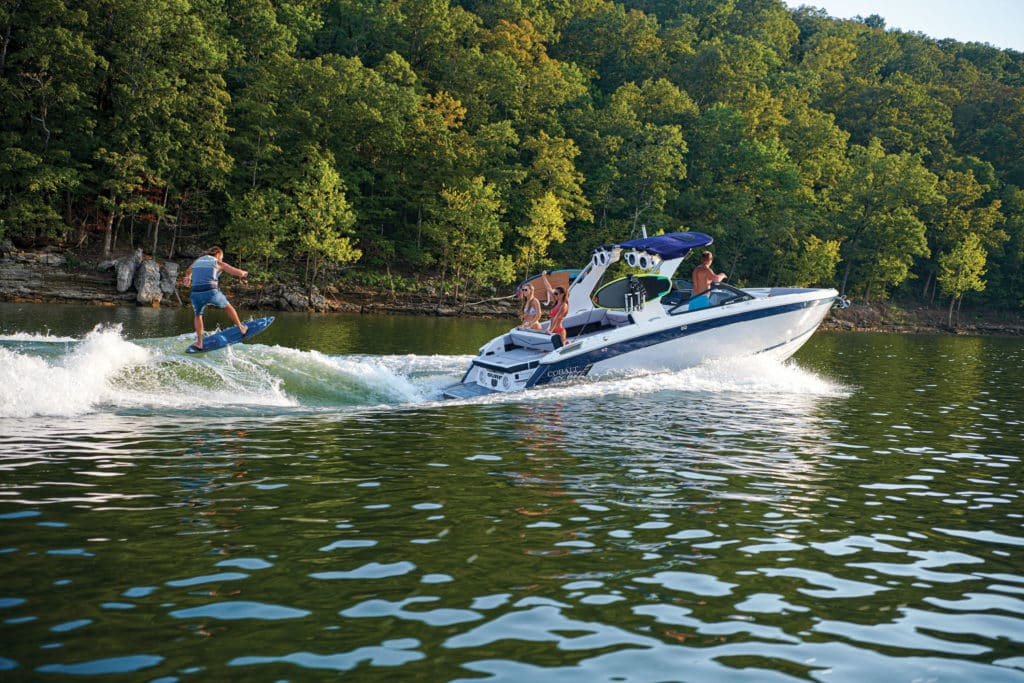 Cobalt R8 Surf throwing a nice wave for a wakesurfer