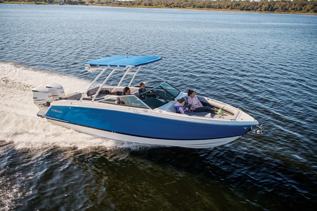 Sitting in the bow of the Cobalt R8 Outboard