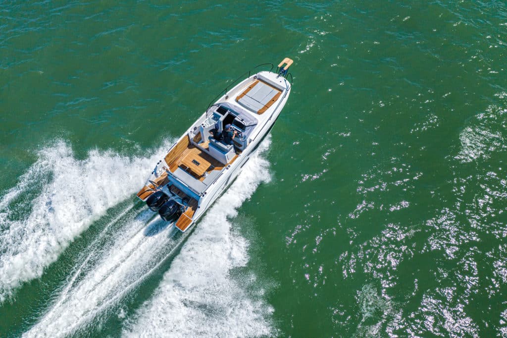 Beneteau Flyer 9 Sundeck from overhead showing the sunpad