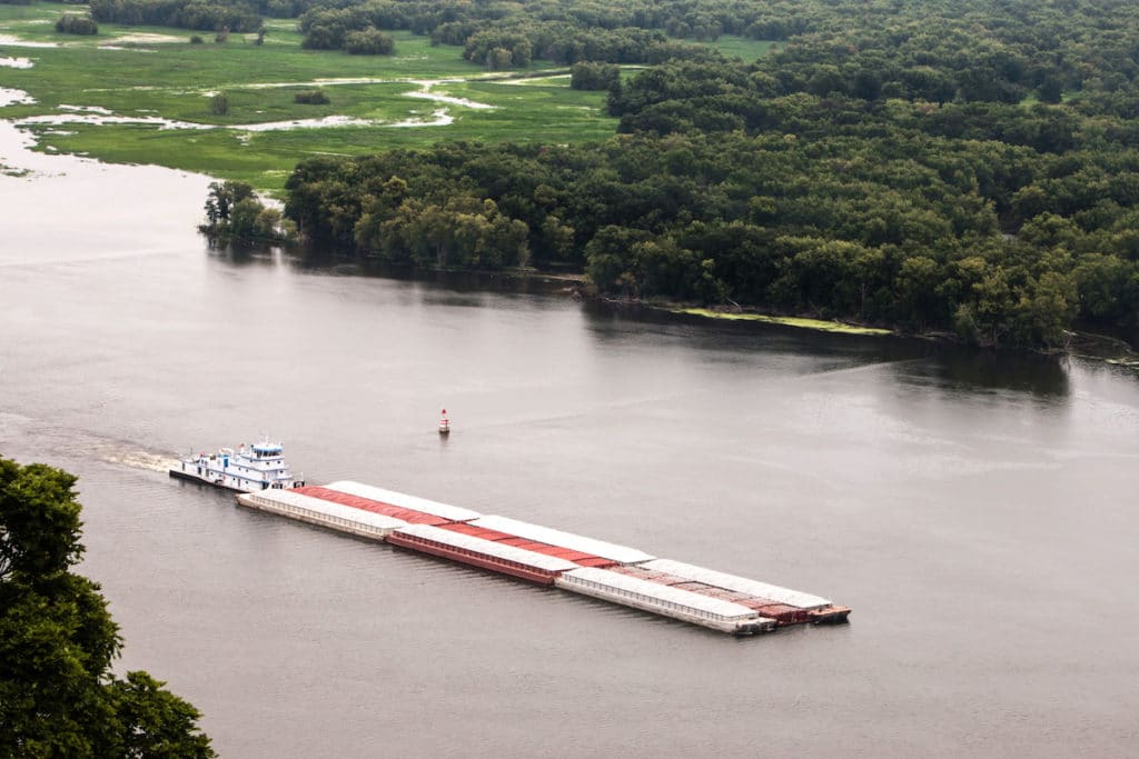 Towboat pushing barges along the Mississippi