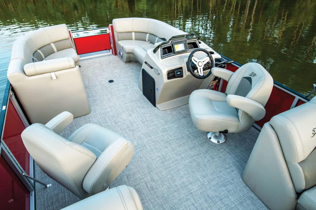 Vinyl woven flooring runs through the pontoon