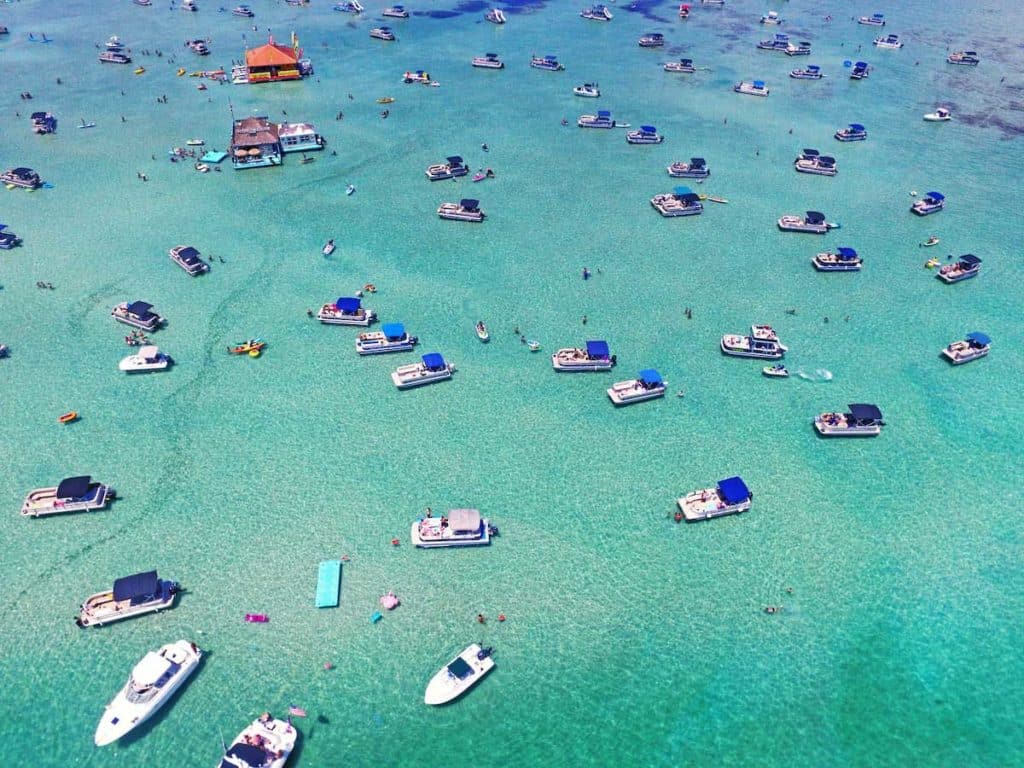 A crowd of boaters gather at a sandbar near Ft. Walton Beach, Florida.
