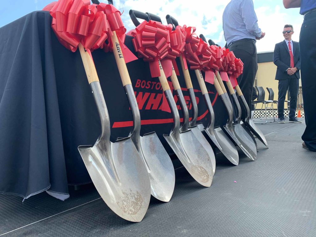 Ceremonial shovels await use at Boston Whaler groundbreaking event, May 2021.