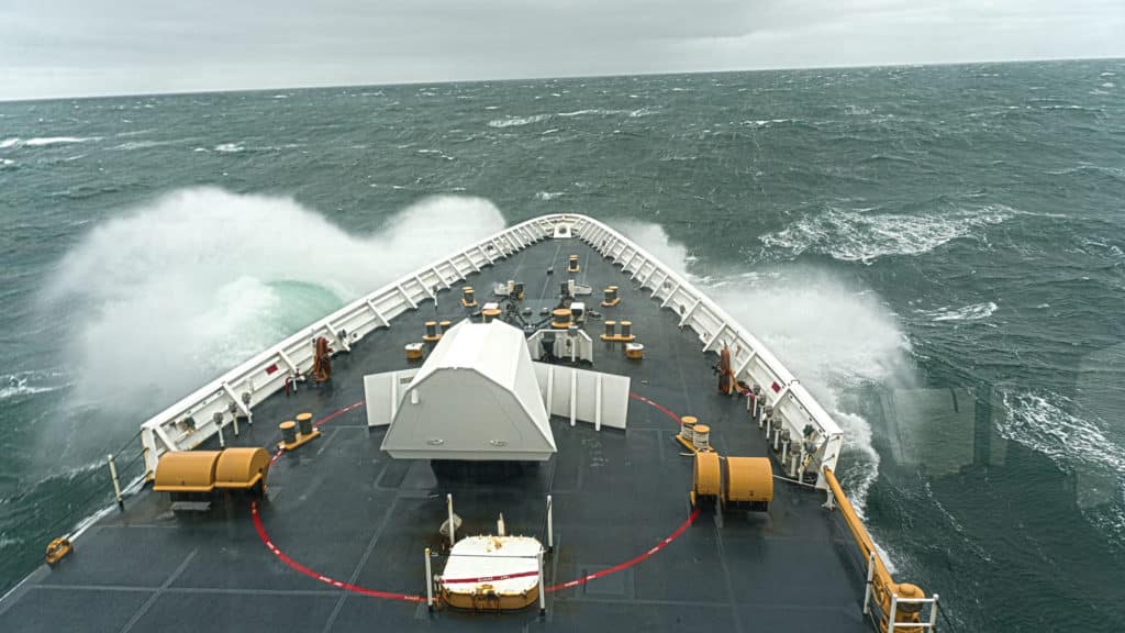 Large seas breaking over the Stratton's bow