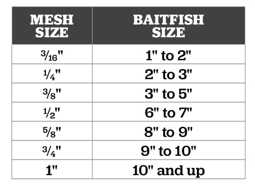 Length and mesh size of each piece of cast net used in the lake.