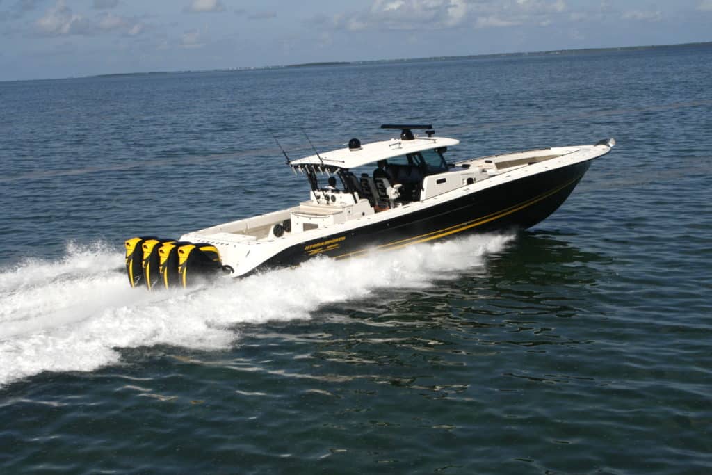 Hydrapsorts Suenos 5300, world's largest center console, with quad Seven Marine 627 outboards.