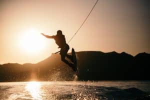 Wakeboarding at sunset