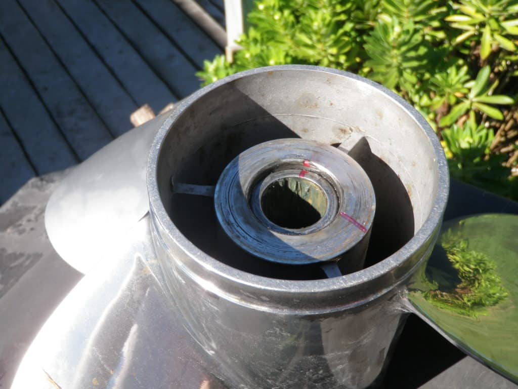 Method of marking a boat propeller so as to determine if hub has spun by simple visual inspection.