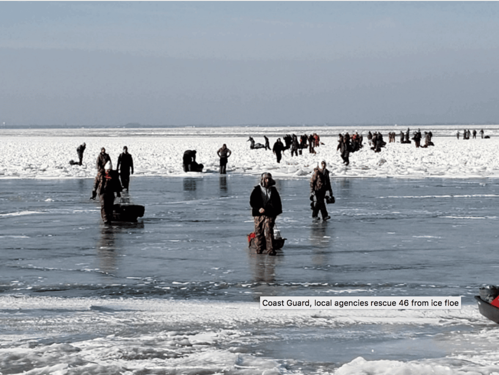Ice Fishermen Walk to Land after Floe Goes Adrift