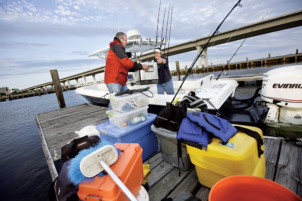 Declutter your boat. Take out anything you don’t need to reduce weight and increase fuel efficiency.