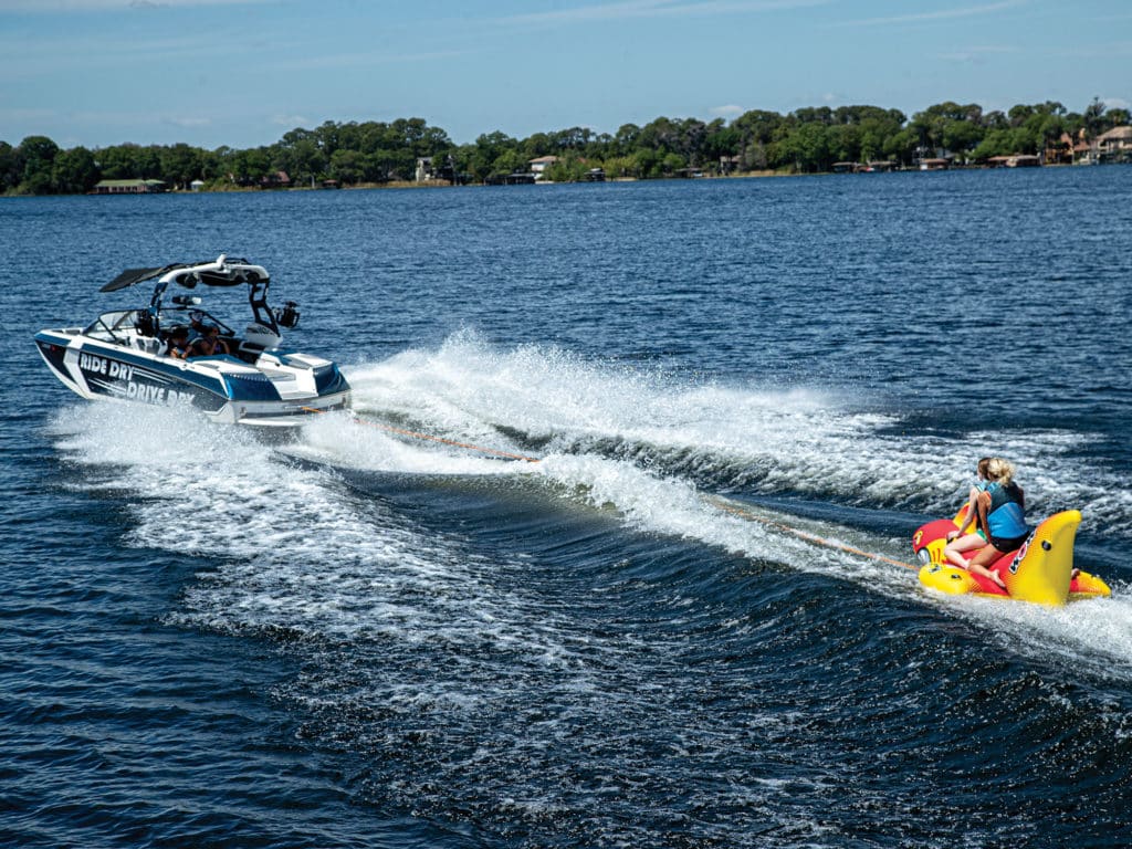 Pulling a tuber behind a boat