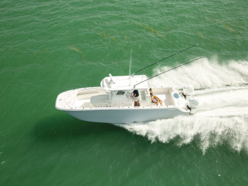 Fishing boat with dual outboards