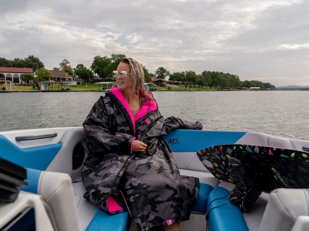 Wearing the DryRobe on the boat