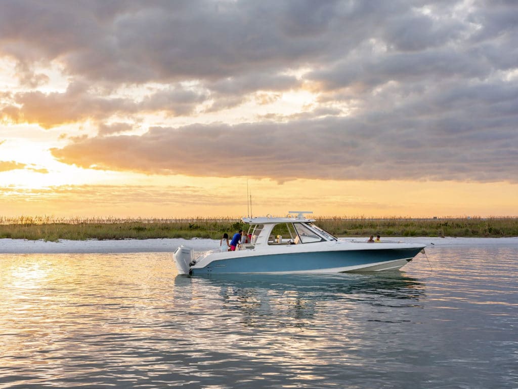 Boston Whaler 380 Realm at sunset