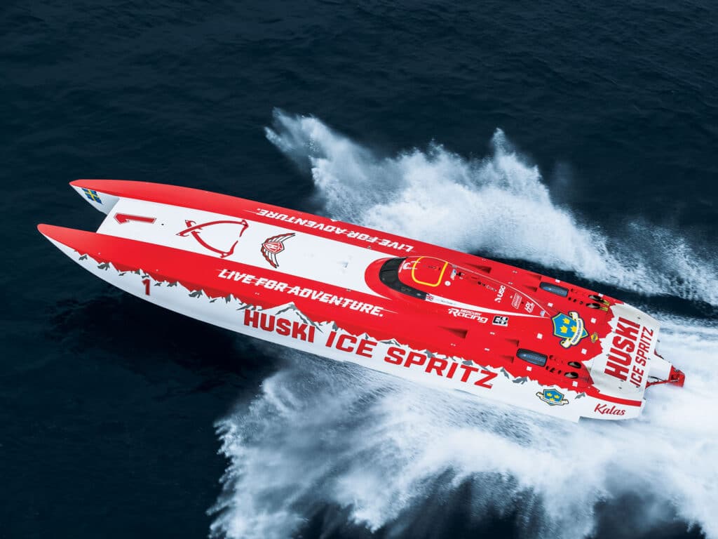 Overhead shot of offshore racing boat