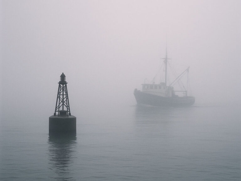 Boat idling in fog near buoy