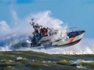 Coast Guard 47-foot Motor Lifeboat running through heavy seas