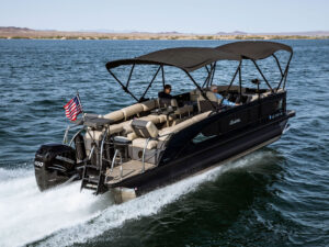 Pontoon with Bimini top running