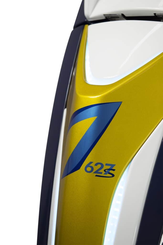 Seven Marine 627 outboard motor Spectra Blade shown in closeup.