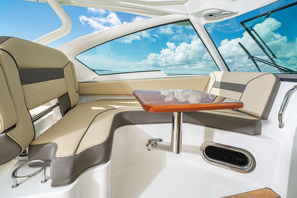 Versatile seating on the port side of the bridge deck can be used as a lounger or a seating nook.